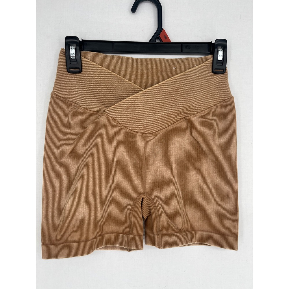 JoyLab Ribbed Crossover Waist Biker Shorts Womens Medium Tan Brown Athletic